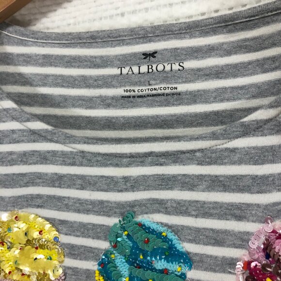 Talbots Gray Striped T-Shirt 3/4 Sleeve Sequined Cupcakes Women's Size Large - Picture 4 of 8
